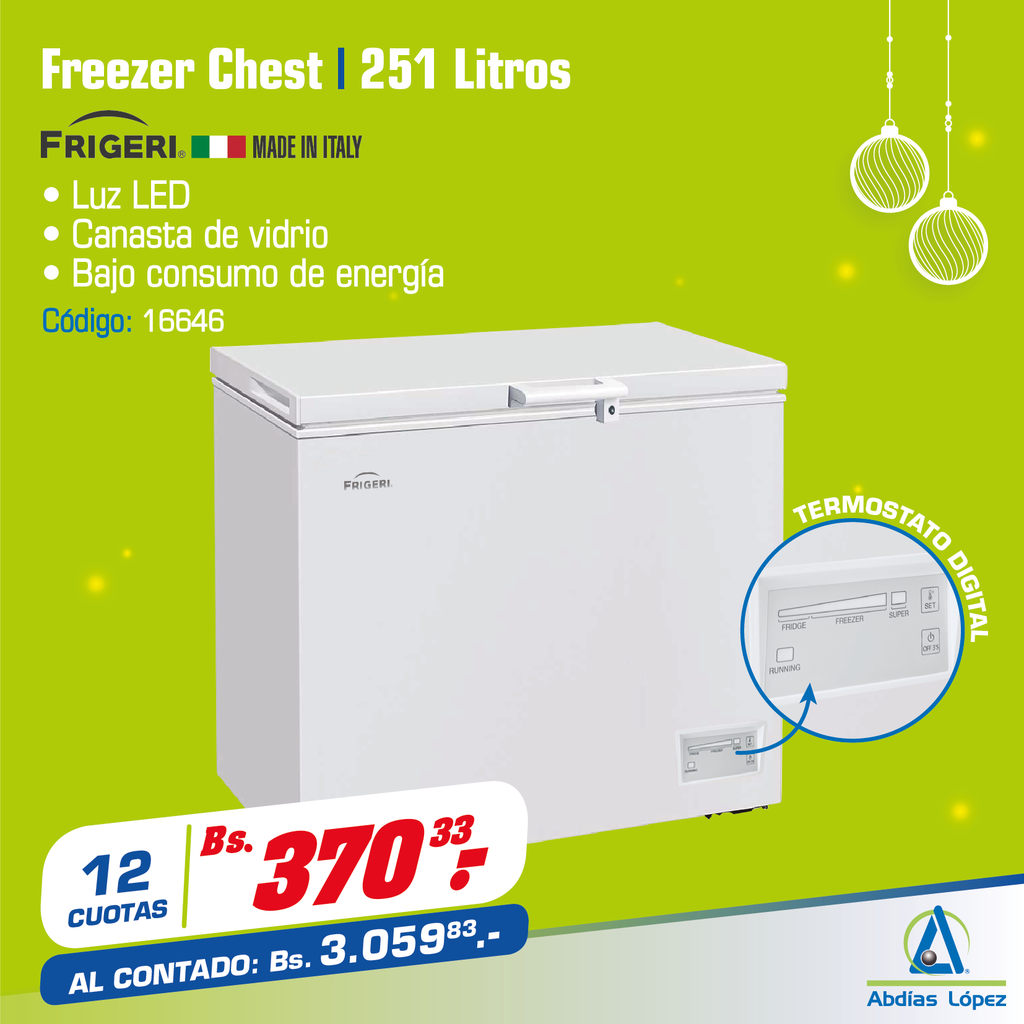 FREEZER FRIGERI CHEST 251LITROS LUZ LED, CANASTA VIDRIO P-F-275