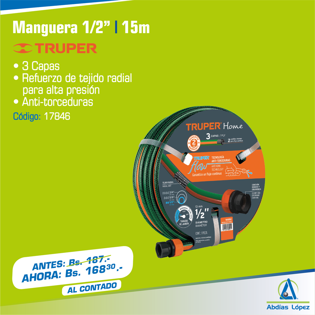 MANGUERA REFORZADA DE 1/2 X 15 MTS. CONEX. PLAST. P-TR-16051