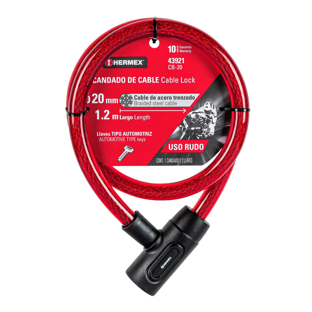 CANDADO DE CABLE CON LLAVE DE 120CM X 20 MM