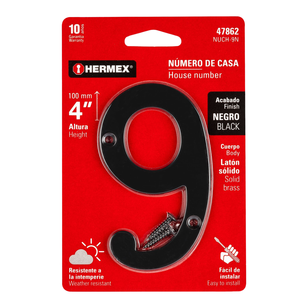 NUMEROS METALICOS DE 4" NUMERO 9 DE LATON SOLIDO