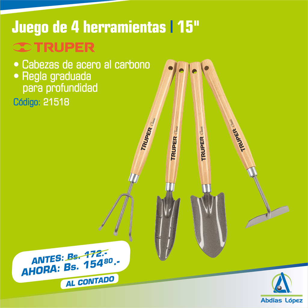 JUEGO DE HERRAMIENTAS P/JARDIN 4 PZAS MGO LARGO