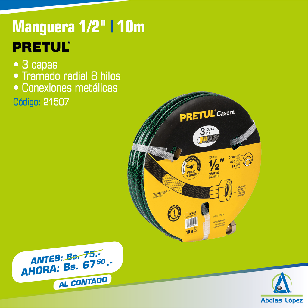 MANGUERA REFORZADA DE 1/2" X 10 MTS. 3 CAPAS CONEX. P-PR-20657