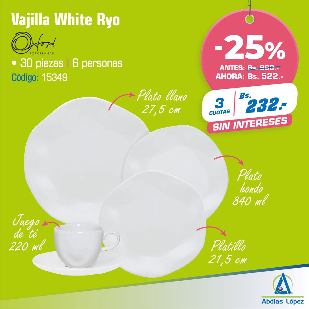 VAJILLA 30 PZAS. WHITE RYO (MADERA/CARTON)