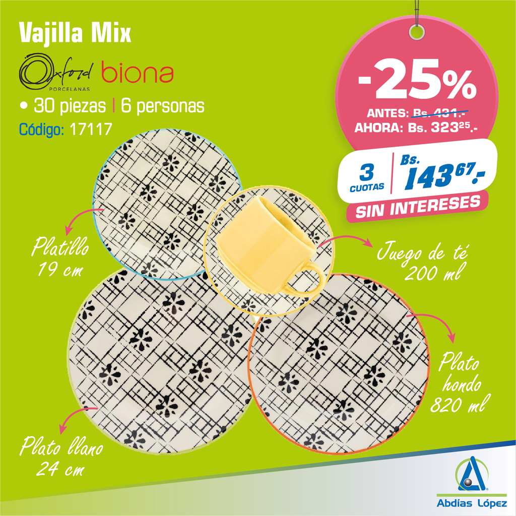 VAJILLA 30 PIEZAS MIX BIONA