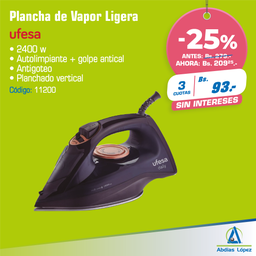 [I-11200] PLANCHA A VAPOR UFESA 2400 W BASE CERAMICA