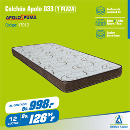 [I-17312] COLCHON APOLO D33 17CMX1.88MX88CM PALHA MR