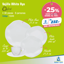[I-15349] VAJILLA 30 PZAS. WHITE RYO (MADERA/CARTON)