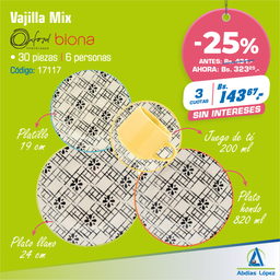 [I-17117] VAJILLA 30 PIEZAS MIX BIONA